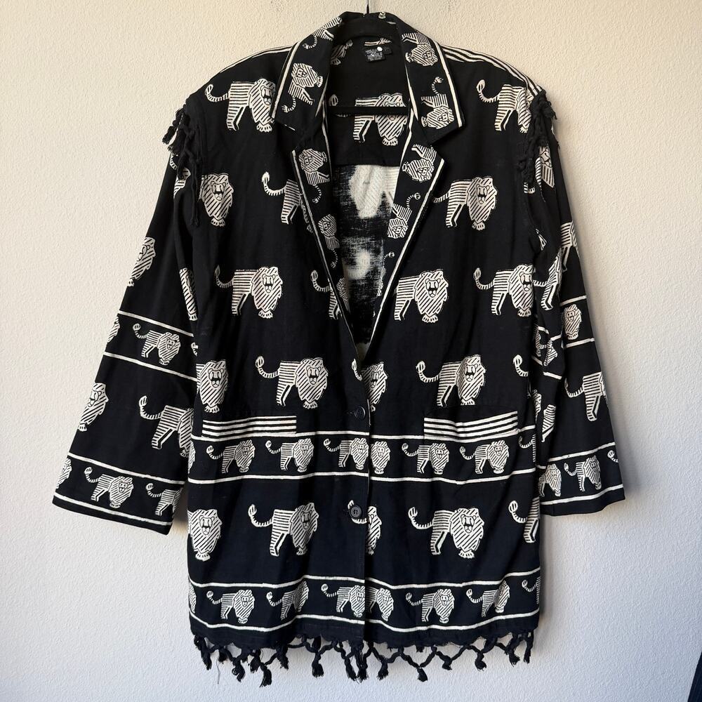 Sam Hilu Lion Print Fringe Hem Oversized Blazer Jacket Size M - Picture 2 of 6